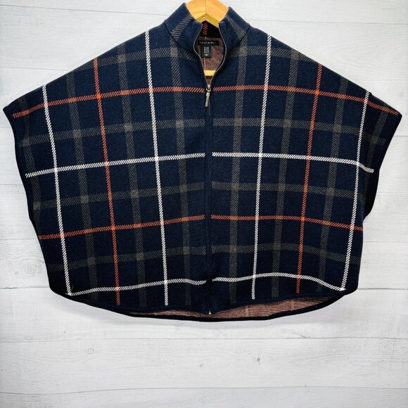 Tahari Plaid Zip Front Poncho Cape Sweater Knit Navy Multicolor Women’s S/M - Picture 2 of 15